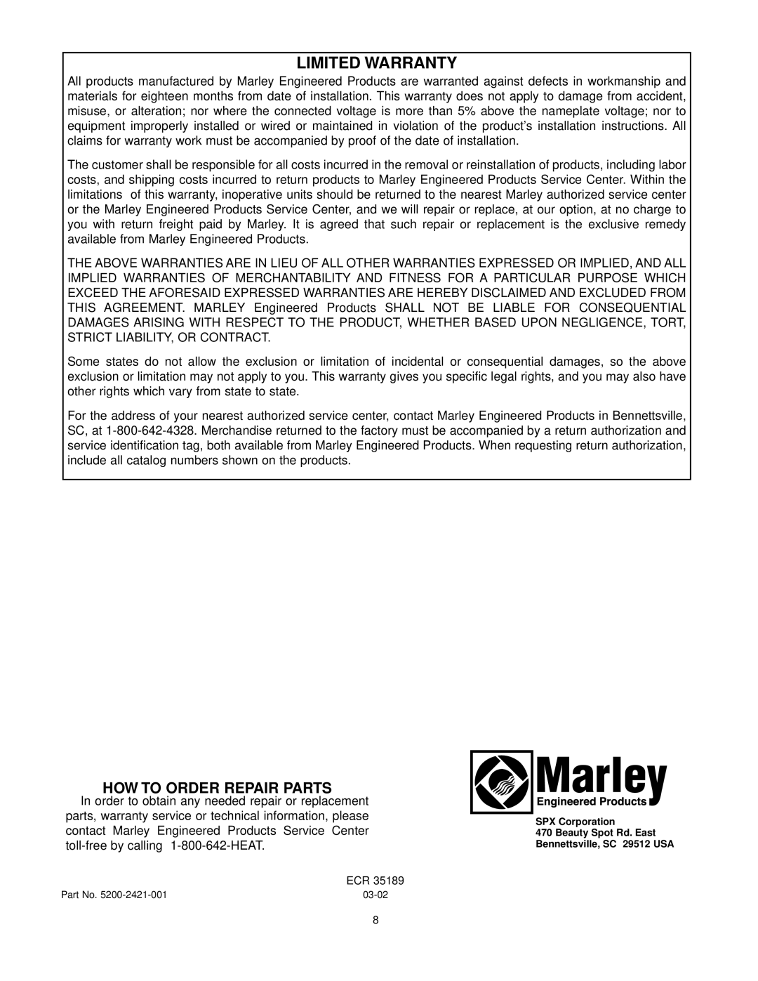 Marley Engineered Products E3809-1125HFD, E6012-2125HFD, E6009-2125HFD, E4812-1125HFD, E3606-1125HFD Limited Warranty 