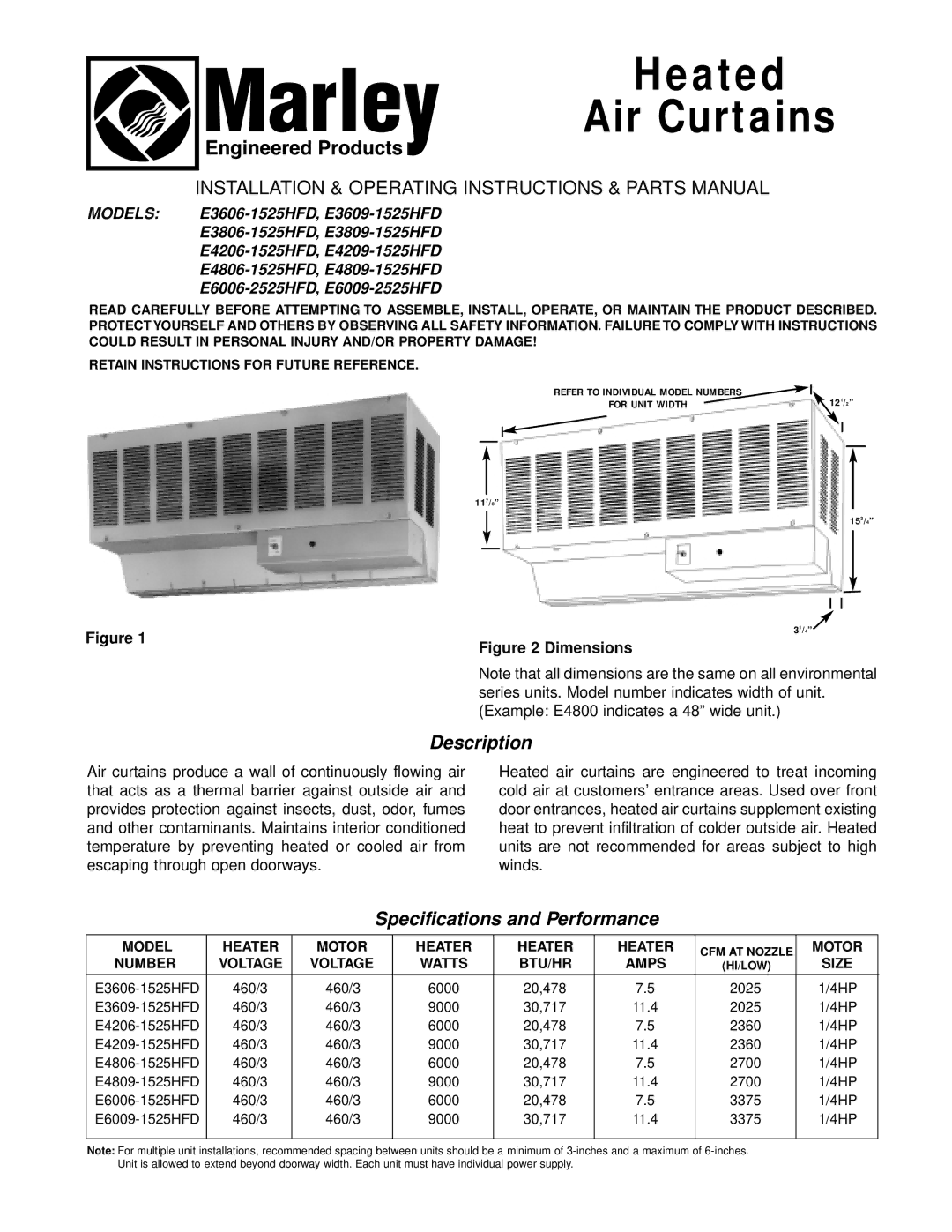 Marley Engineered Products E4809-1125HFD specifications E6006-2525HFD, E6009-2525HFD, Number Voltage Watts BTU/HR Amps Size 