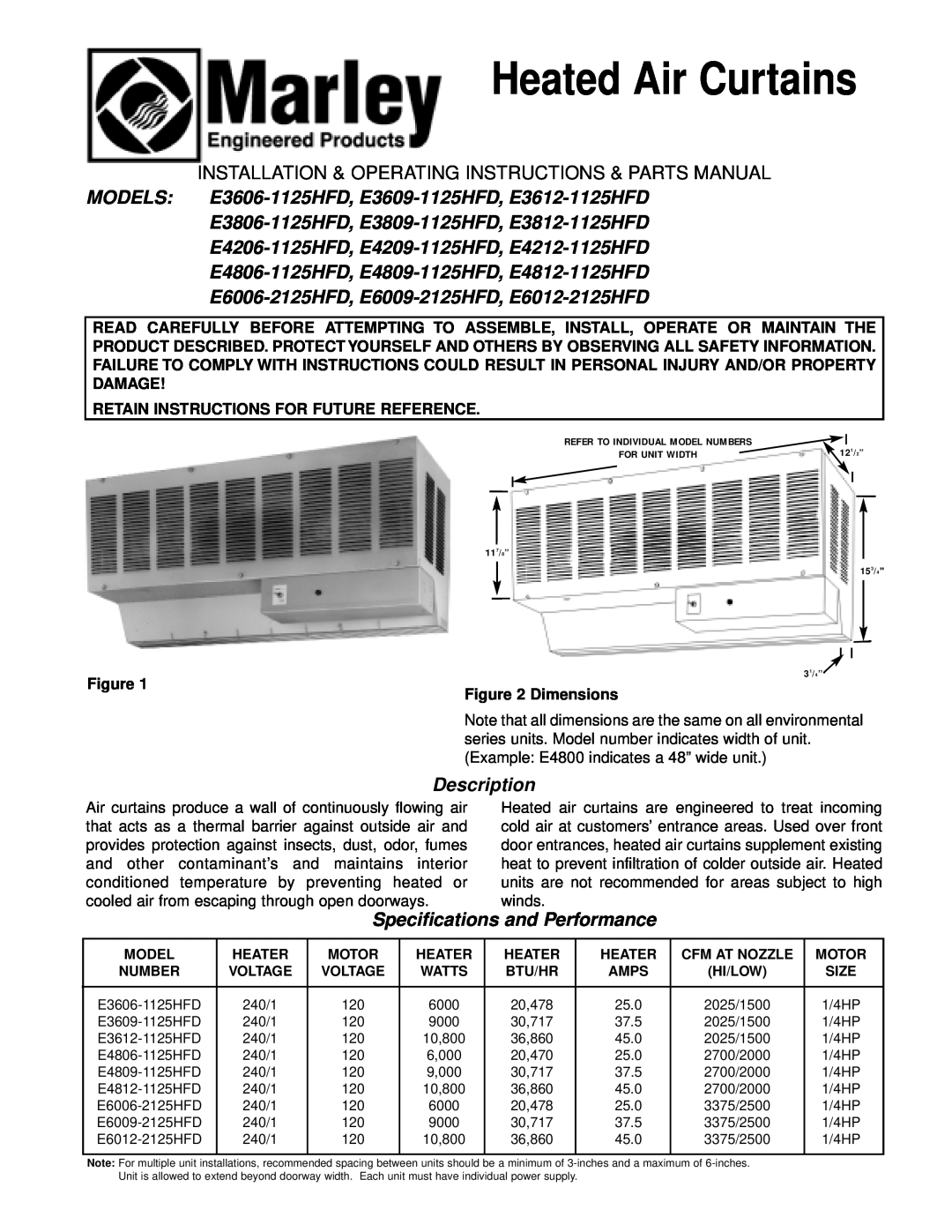 Marley Engineered Products E6009-2125HFD specifications Heated Air Curtains, E3806-1125HFD, E3809-1125HFD, E3812-1125HFD 