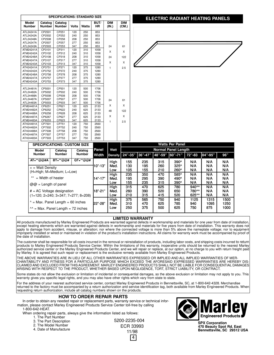 Marley Engineered Products Electric Radiant Ceiling Heat Panels How To Order Repair Parts, 11/98, Watts Per Panel, Width 