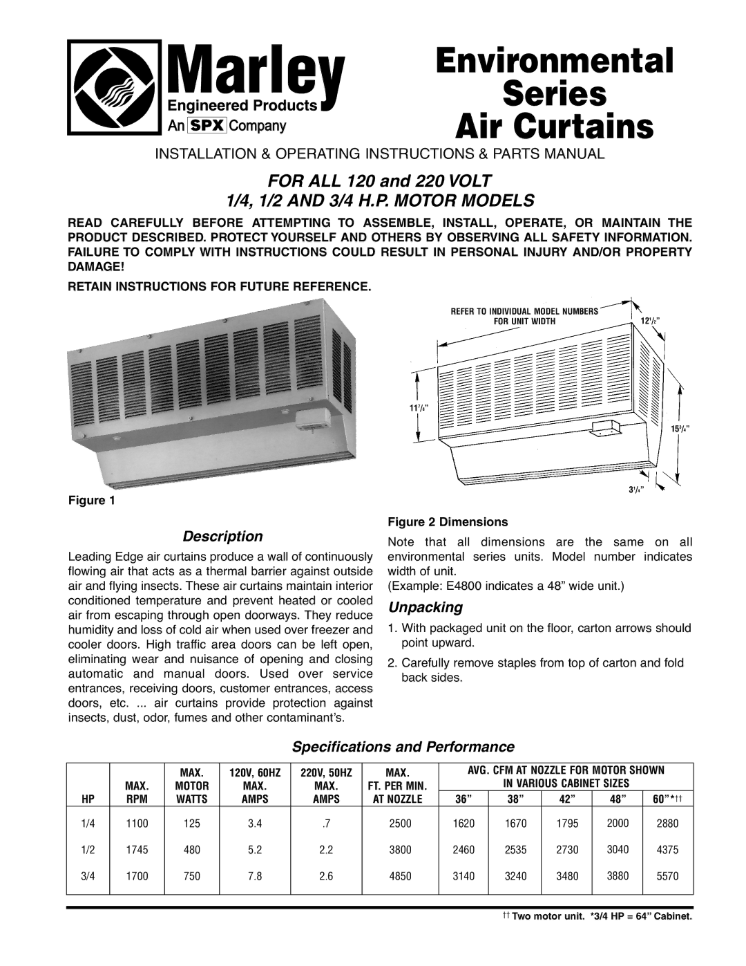 Marley Engineered Products 5200-2409-001 specifications Description, Unpacking, Specifications and Performance 