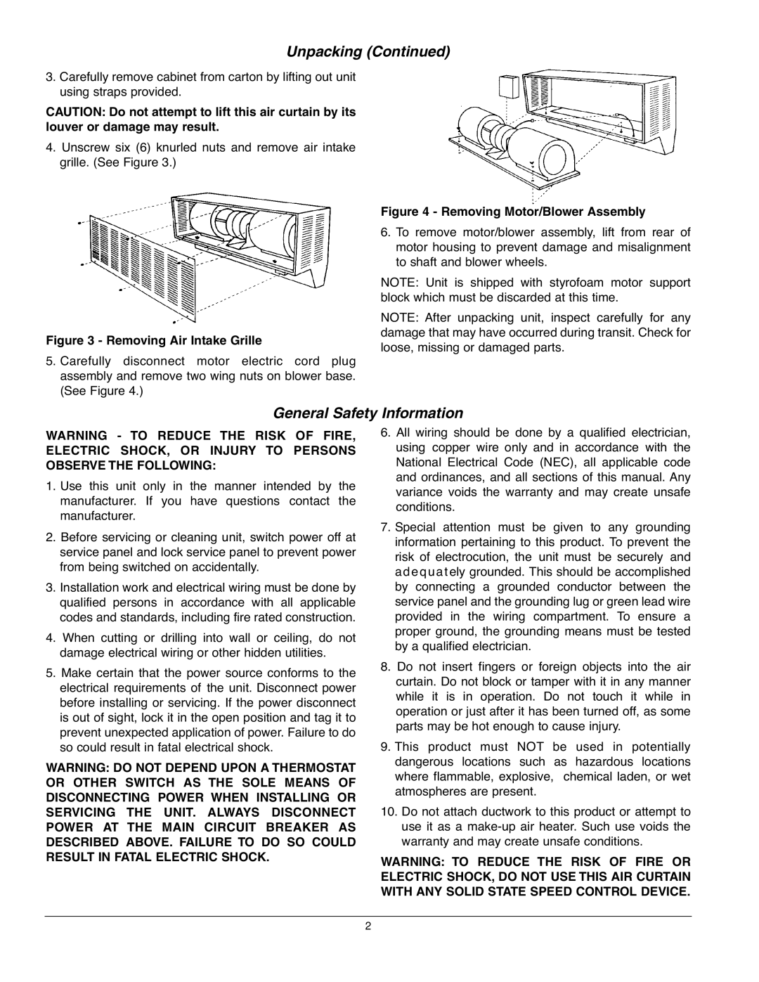 Marley Engineered Products Environmental Series, 5200-2409-001 General Safety Information, Removing Air Intake Grille 