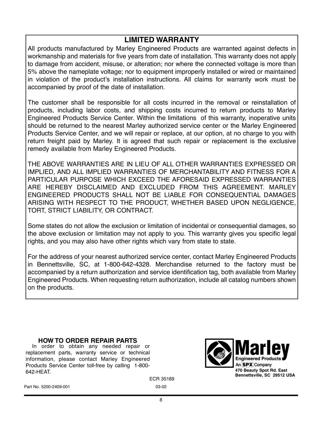 Marley Engineered Products Environmental Series, 5200-2409-001 specifications How To Order Repair Parts, Limited Warranty 