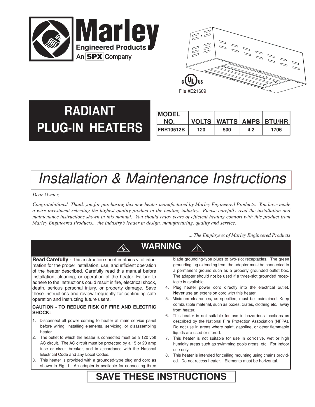 Marley Engineered Products FRR10512B instruction sheet Ucti, SAV E These Instructions 