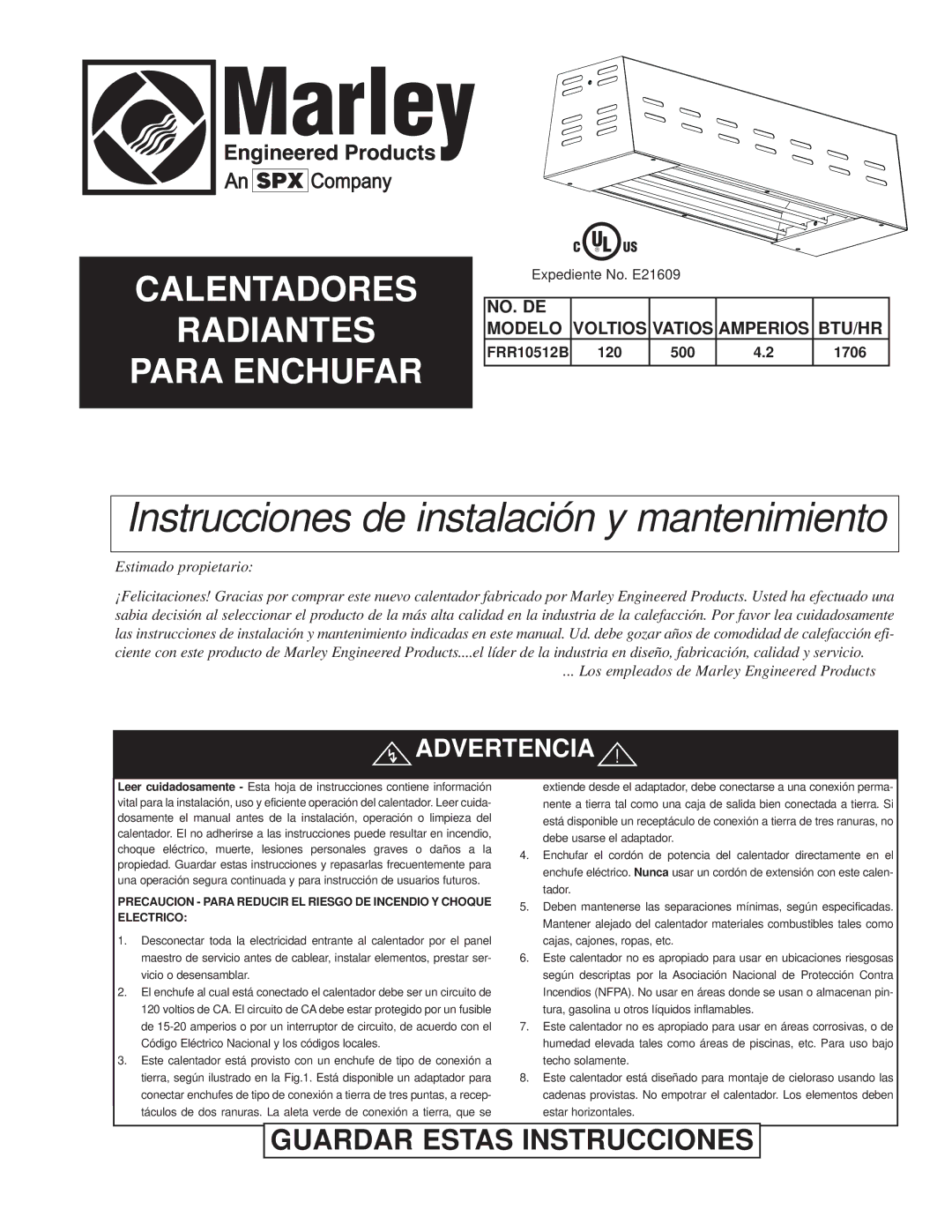 Marley Engineered Products FRR10512B instruction sheet Antenim Iento, GU a R DAR Estas Instrucciones 