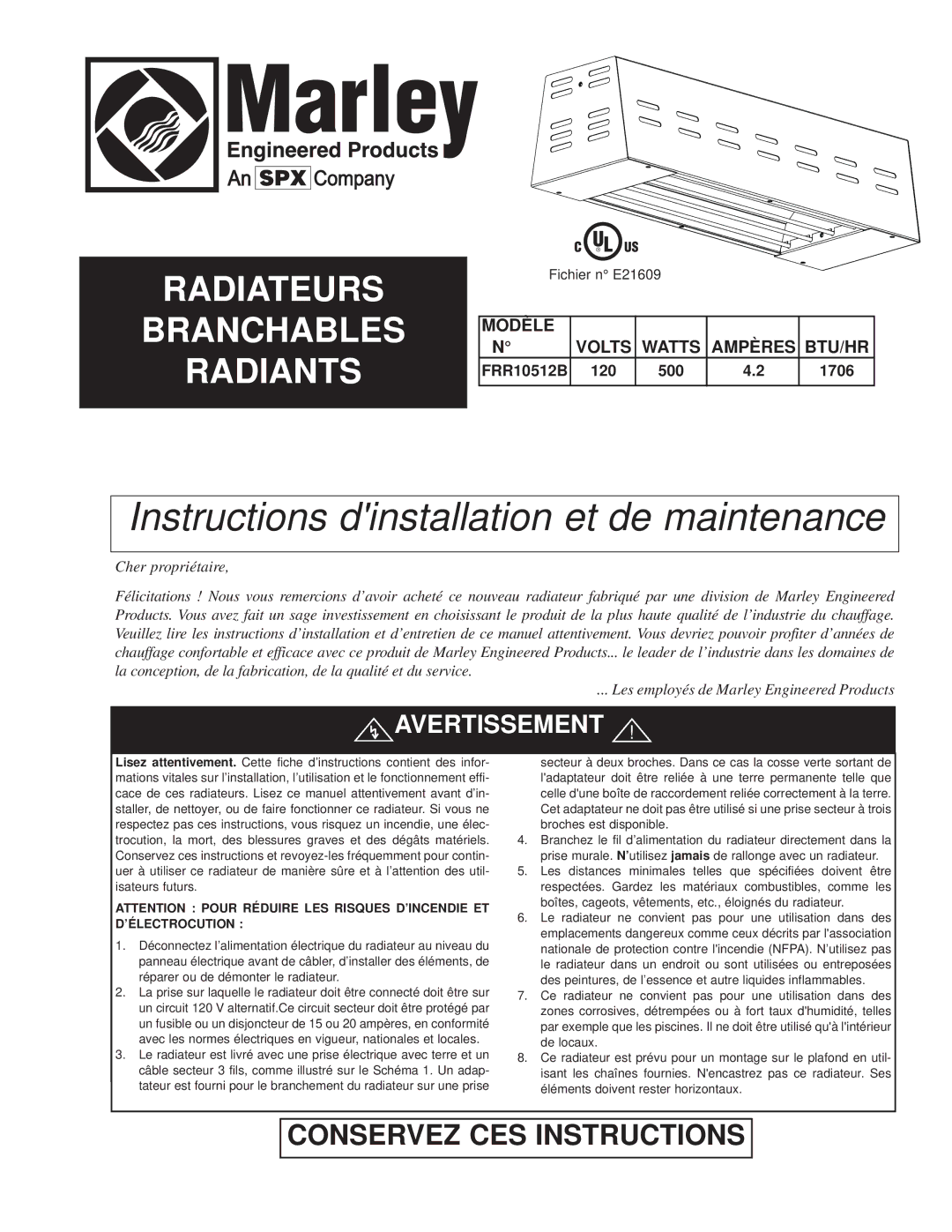 Marley Engineered Products FRR10512B instruction sheet CES INS Tructions, Avertissement 