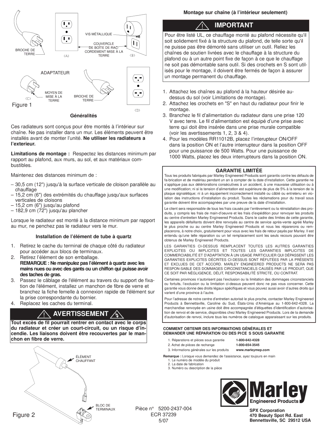 Marley Engineered Products FRR10512B instruction sheet VE Rtissemen, Garantie Limit ÉE 