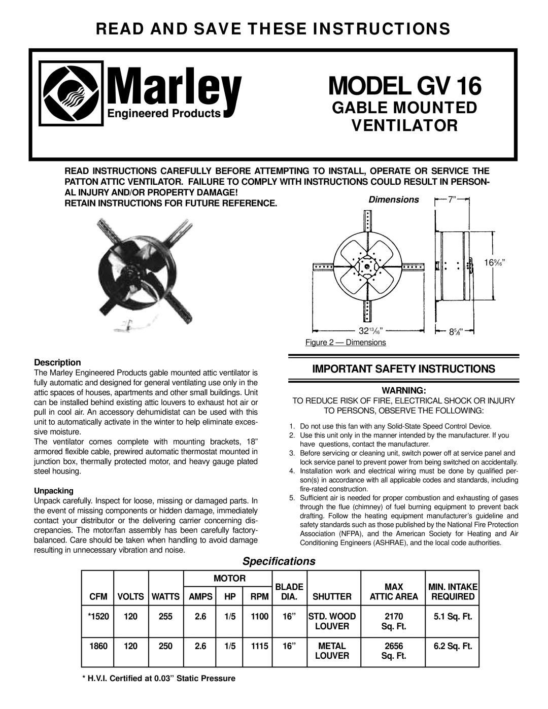 Marley Engineered Products GV 16 important safety instructions Read and Save These Instructions, Gable Mounted Ventilator 