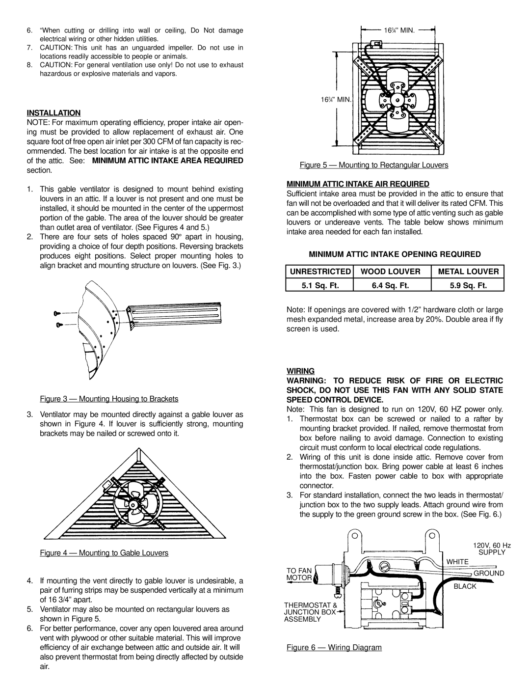 Marley Engineered Products GV 16 important safety instructions Installation, Minimum Attic Intake AIR Required, Wiring 