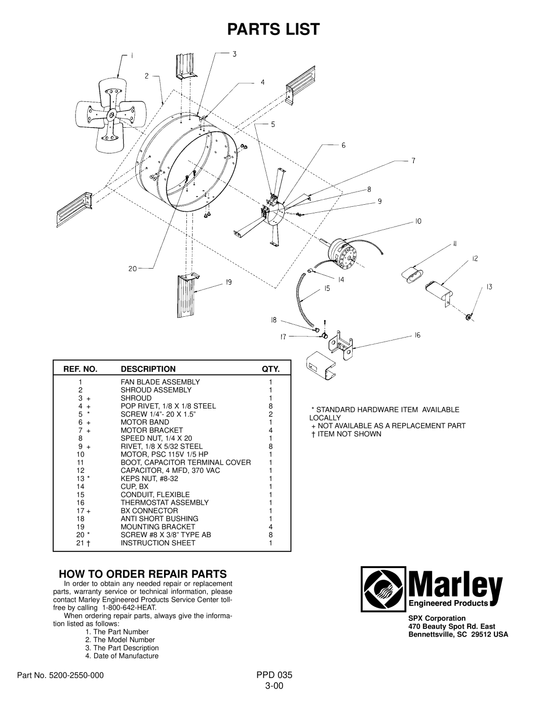 Marley Engineered Products GV 16 Parts List, HOW to Order Repair Parts, REF. no Description QTY 