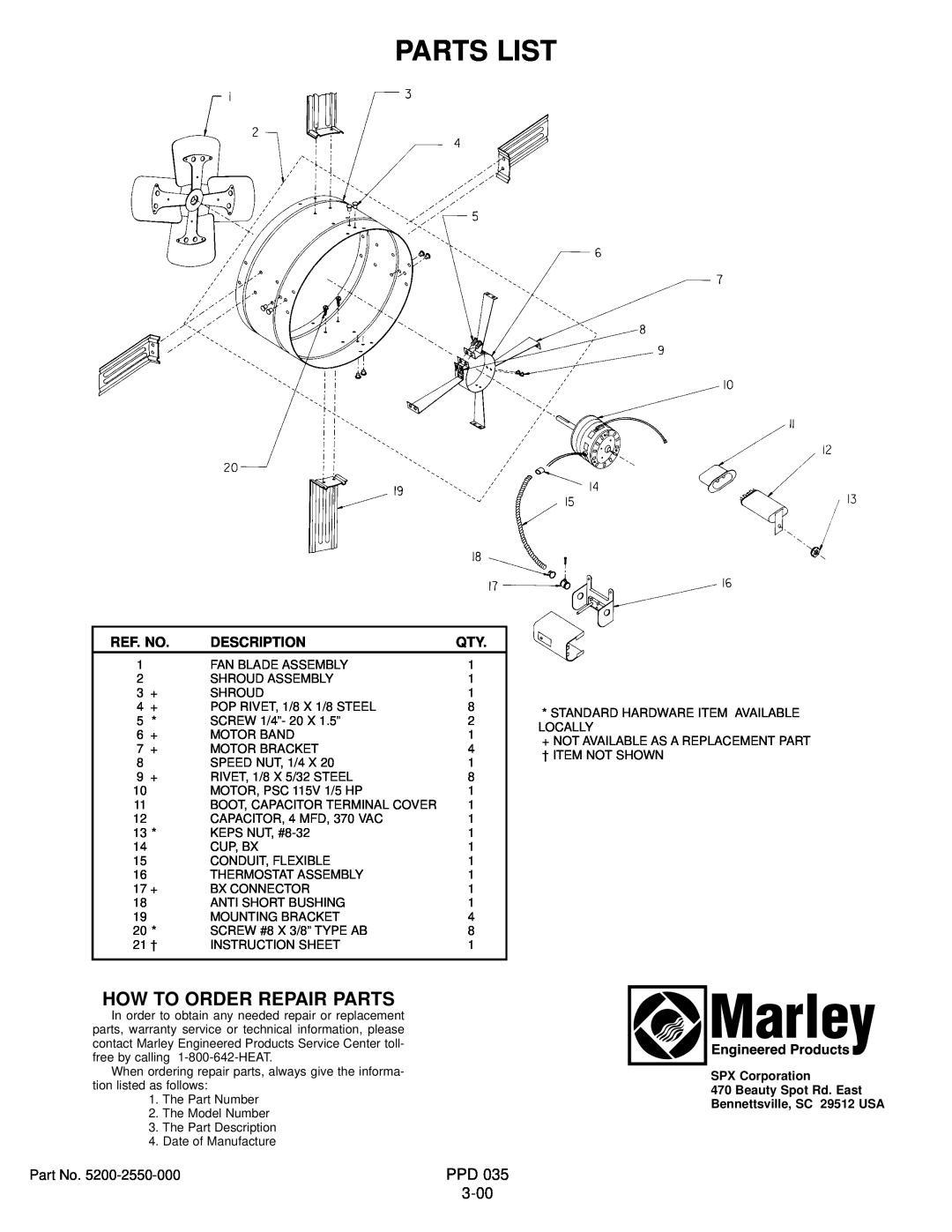 Marley Engineered Products GV 16 Parts List, How To Order Repair Parts, 3-00, SPX Corporation 470 Beauty Spot Rd. East 