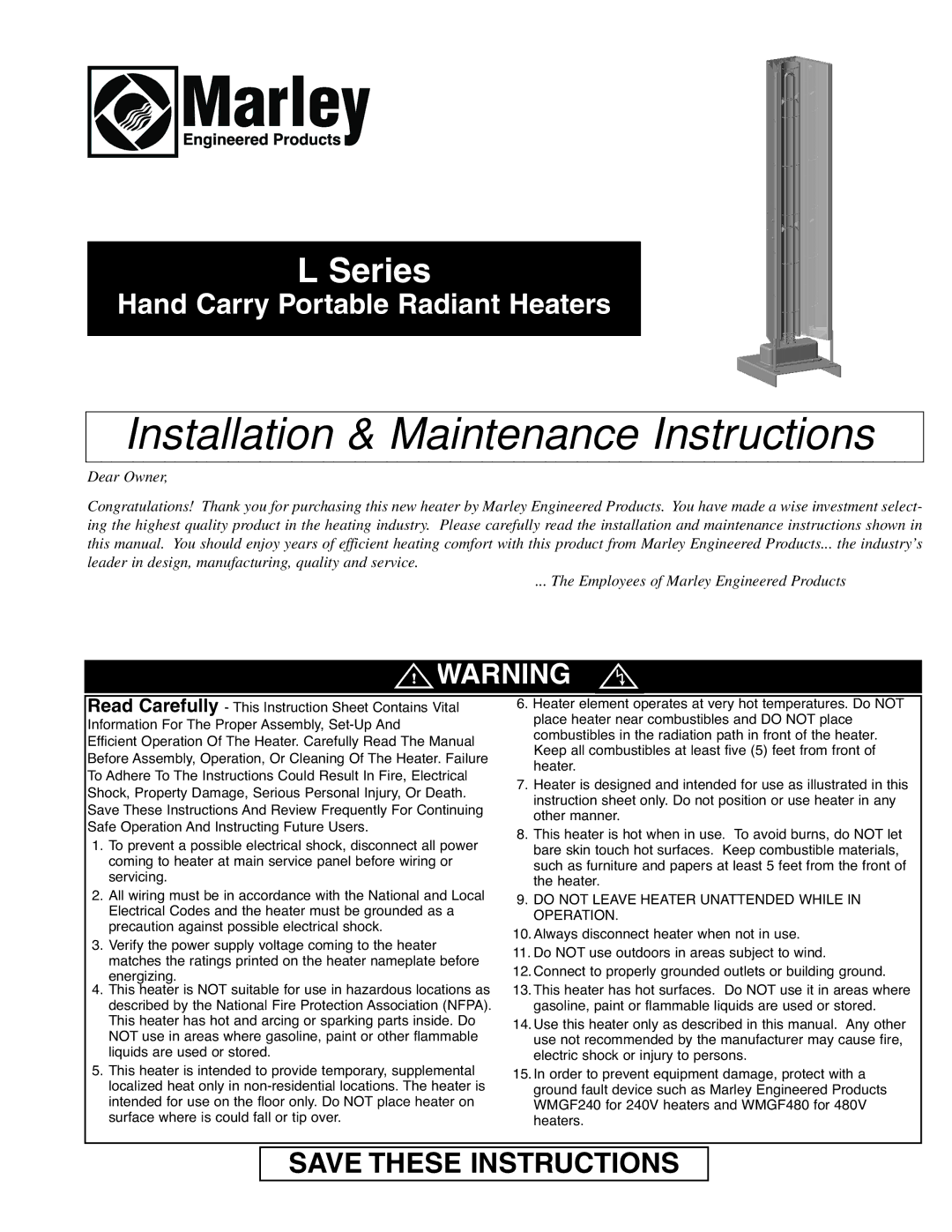 Marley Engineered Products L SERIES instruction sheet Installation & Maintenance Instructions 