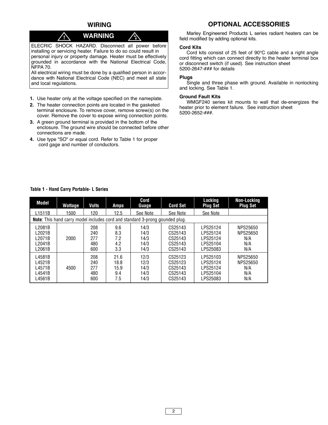 Marley Engineered Products L SERIES instruction sheet Wiring, Optional Accessories 