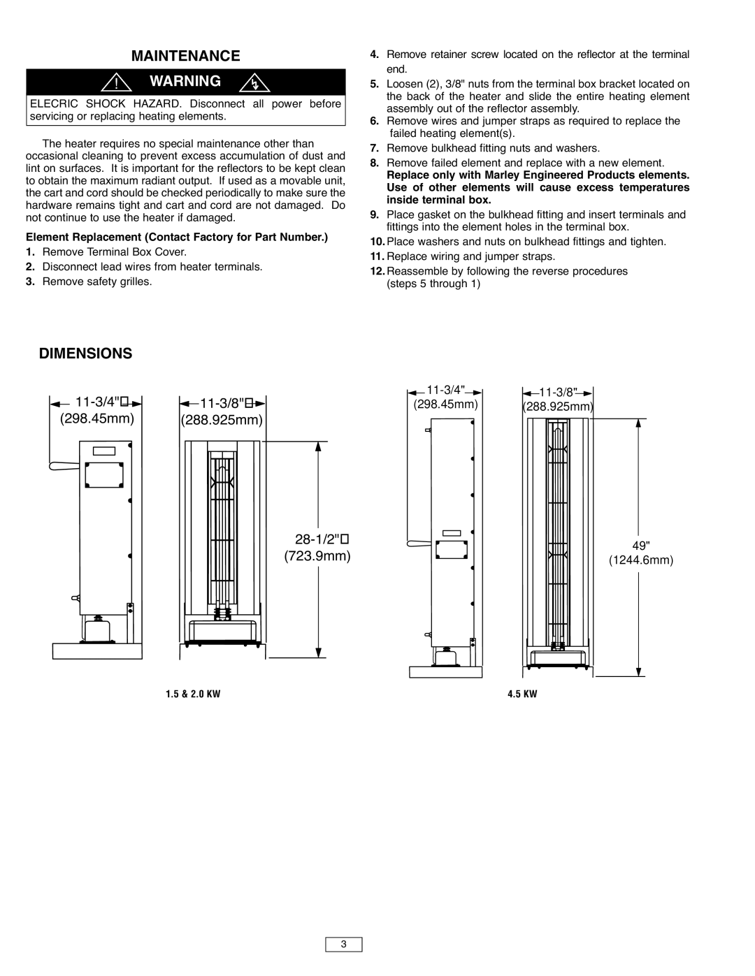 Marley Engineered Products L SERIES Maintenance, Dimensions, Element Replacement Contact Factory for Part Number 