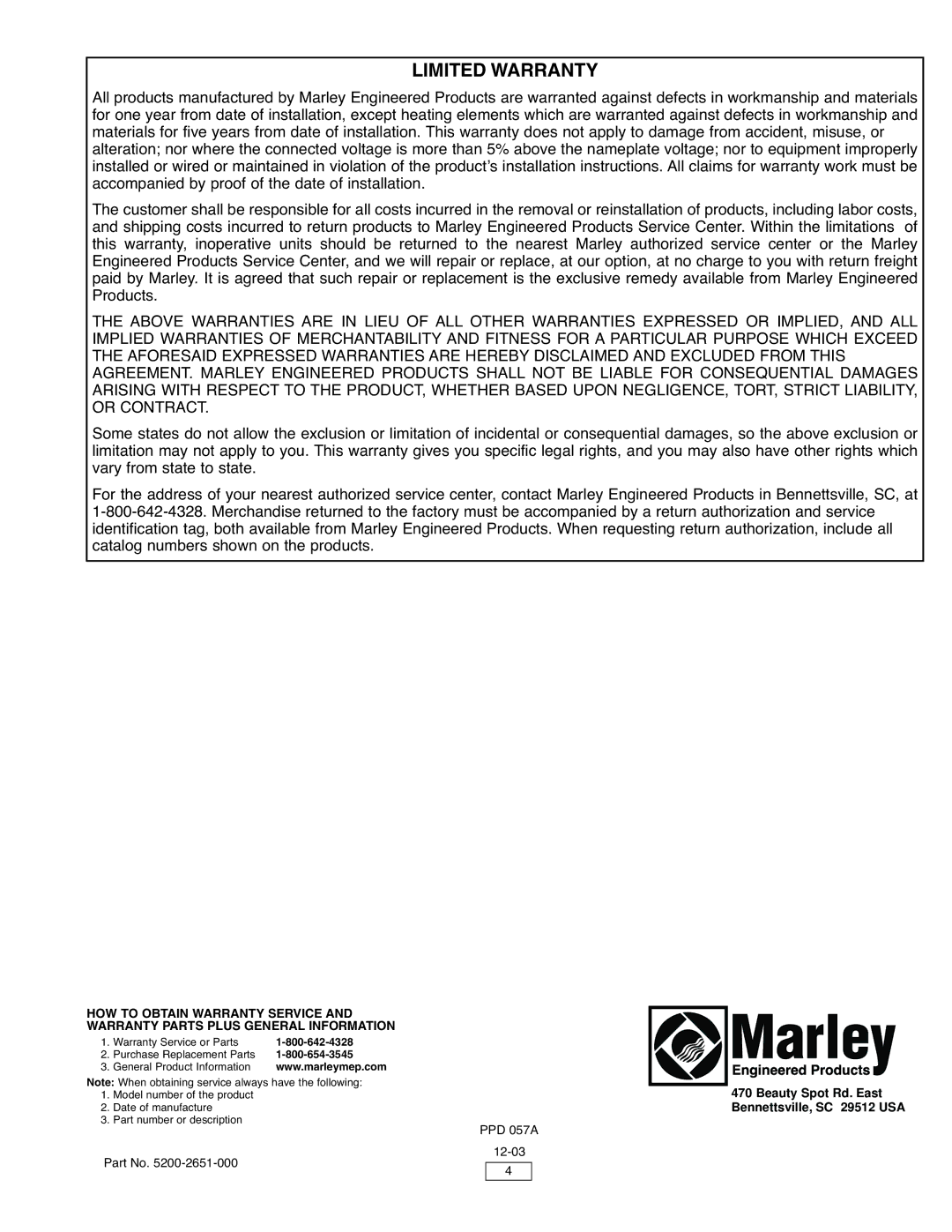 Marley Engineered Products L SERIES instruction sheet Limited Warranty 