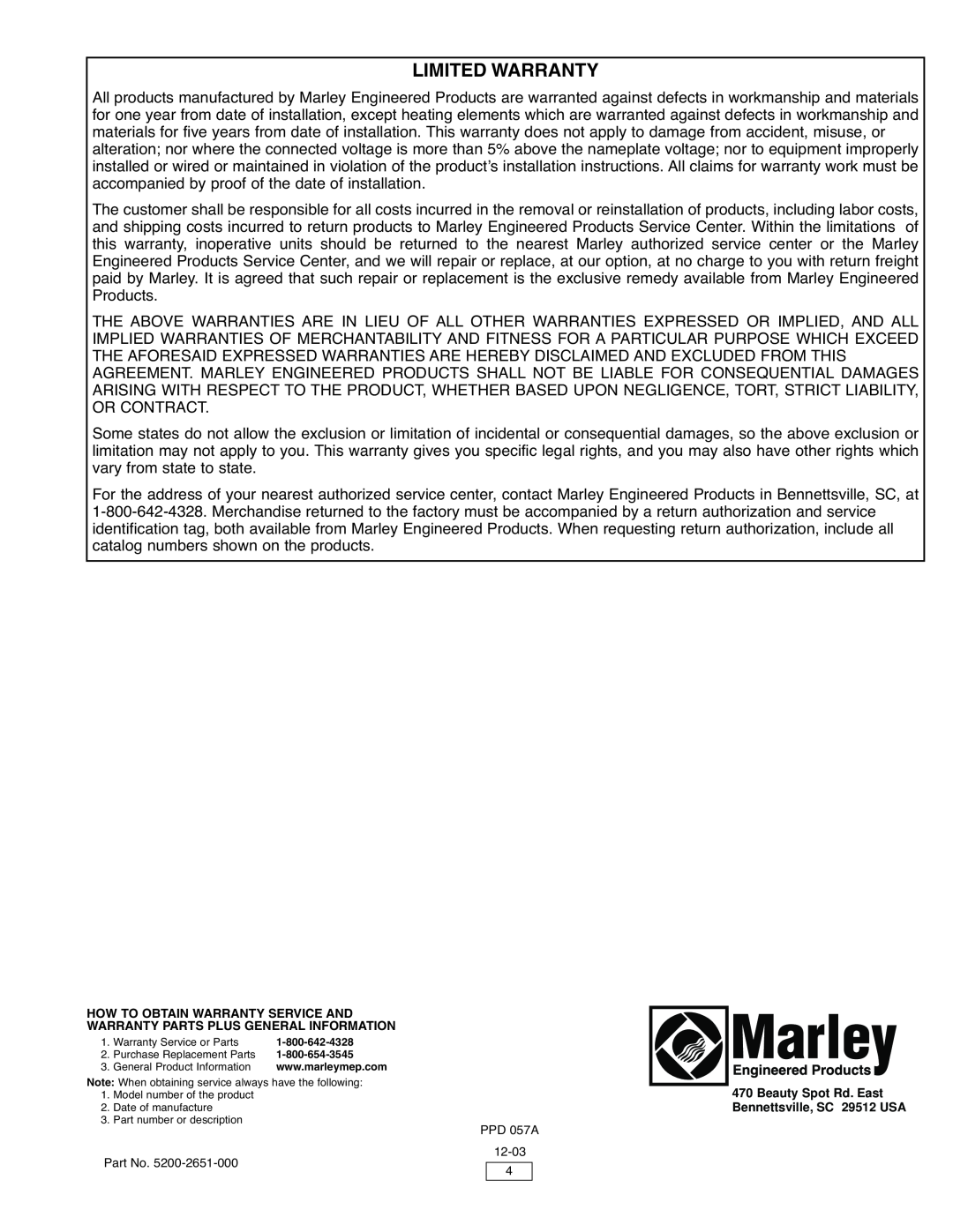 Marley Engineered Products L SERIES instruction sheet Limited Warranty, How To Obtain Warranty Service And 