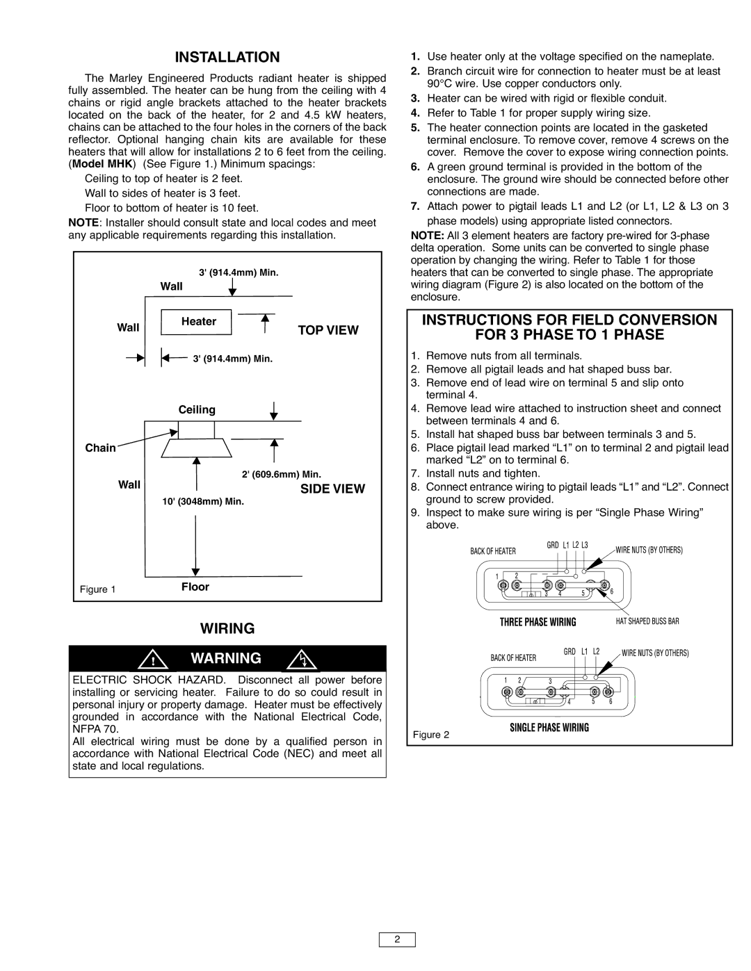 Marley Engineered Products M Series manual Installation, Wiring, Instructions for Field Conversion For 3 Phase to 1 Phase 