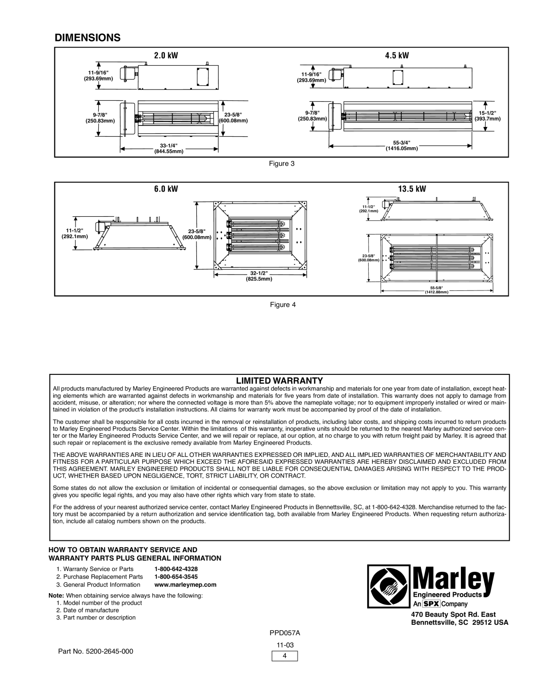 Marley Engineered Products M Series manual Dimensions, 2.0 kW, 4.5 kW, 6.0 kW, 13.5 kW, Limited Warranty 