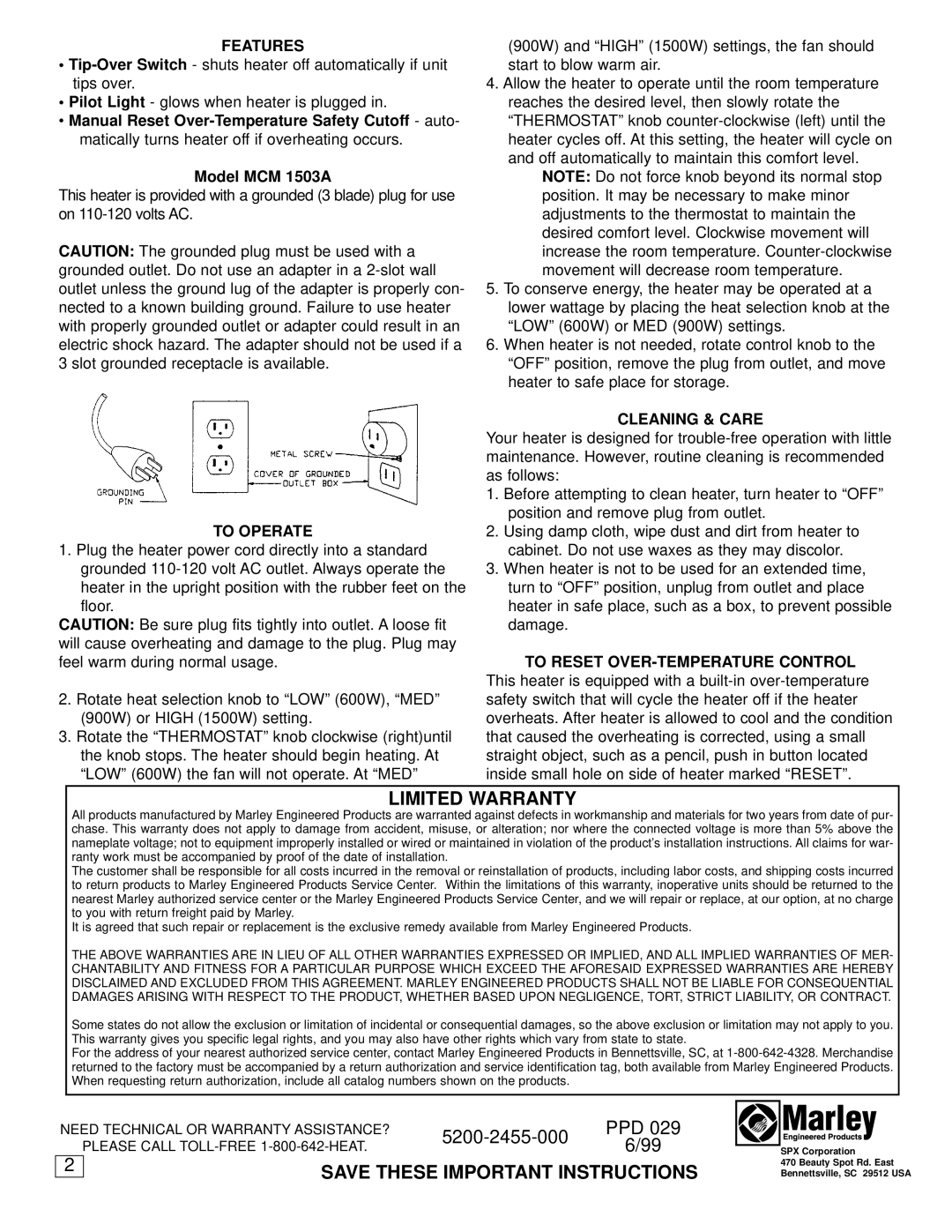 Marley Engineered Products MCM1503A manual Limited Warranty, Features, To Operate, Cleaning & Care 