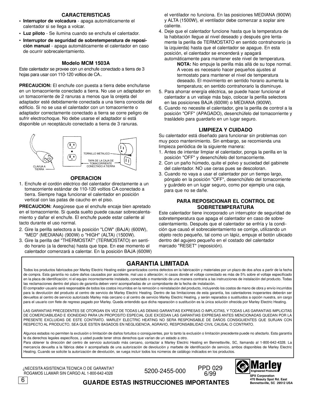 Marley Engineered Products MCM1503A manual Garantia Limitada, Caracteristicas, Operacion, Limpieza Y Cuidado 