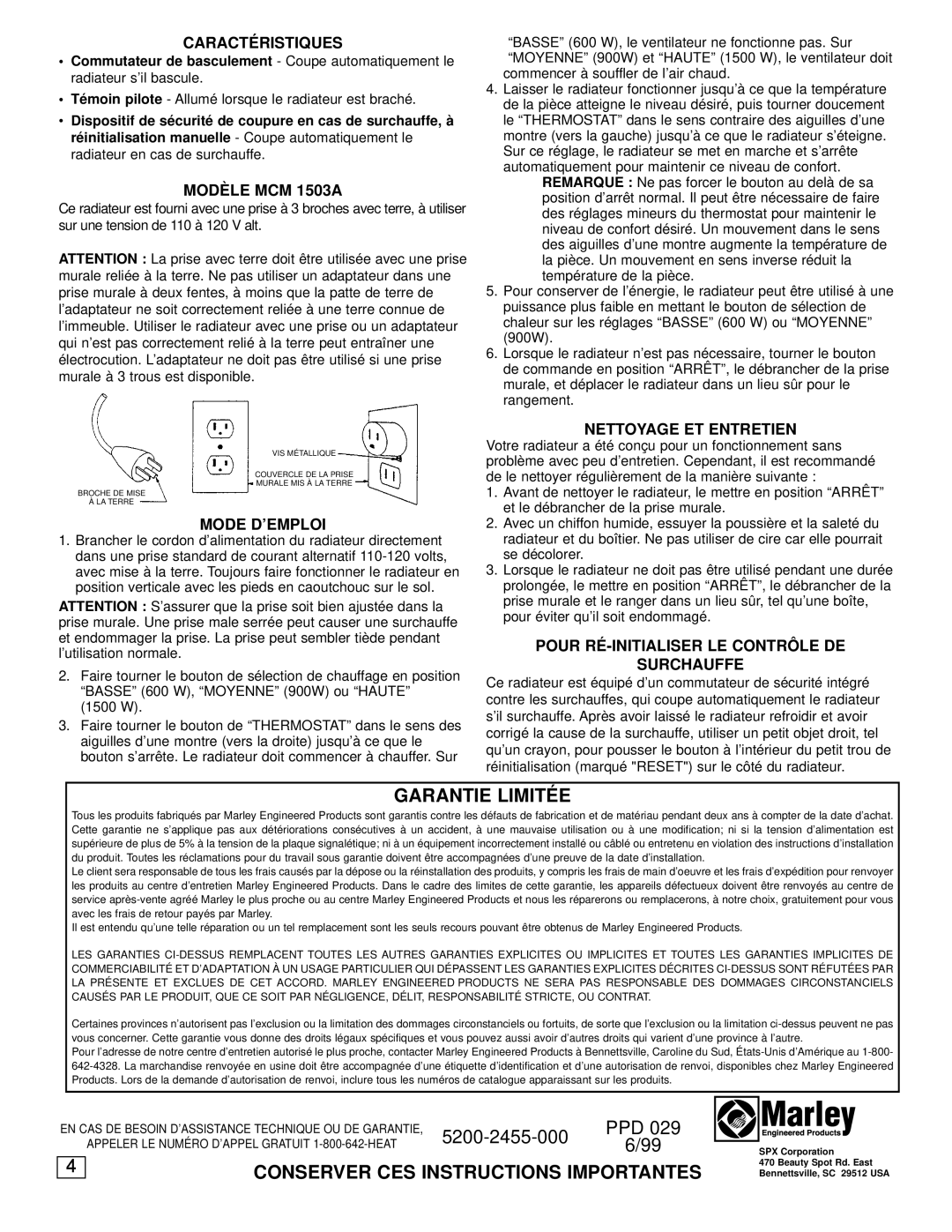 Marley Engineered Products MCM1503A Garantie Limité E, Conserver Ces Instructions Importantes, Caracté Ristiques, 6/99 