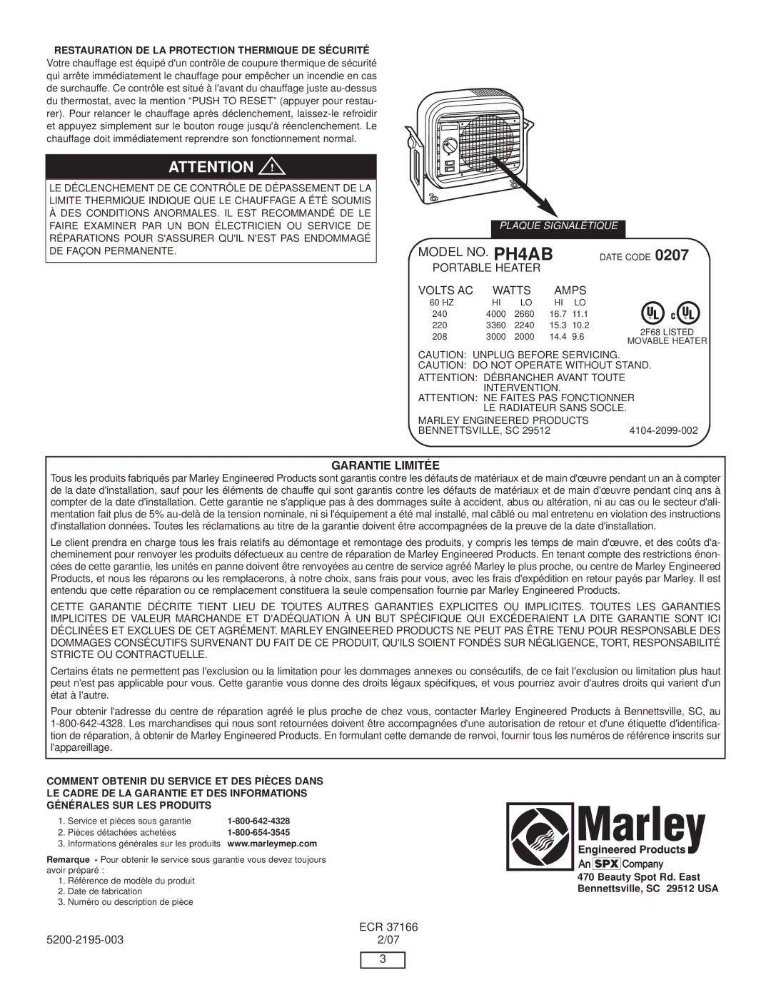 Marley Engineered Products PH4AB manual Tt En Tio, Porta Ater, Amps, AN TIE L Imit ÉE 