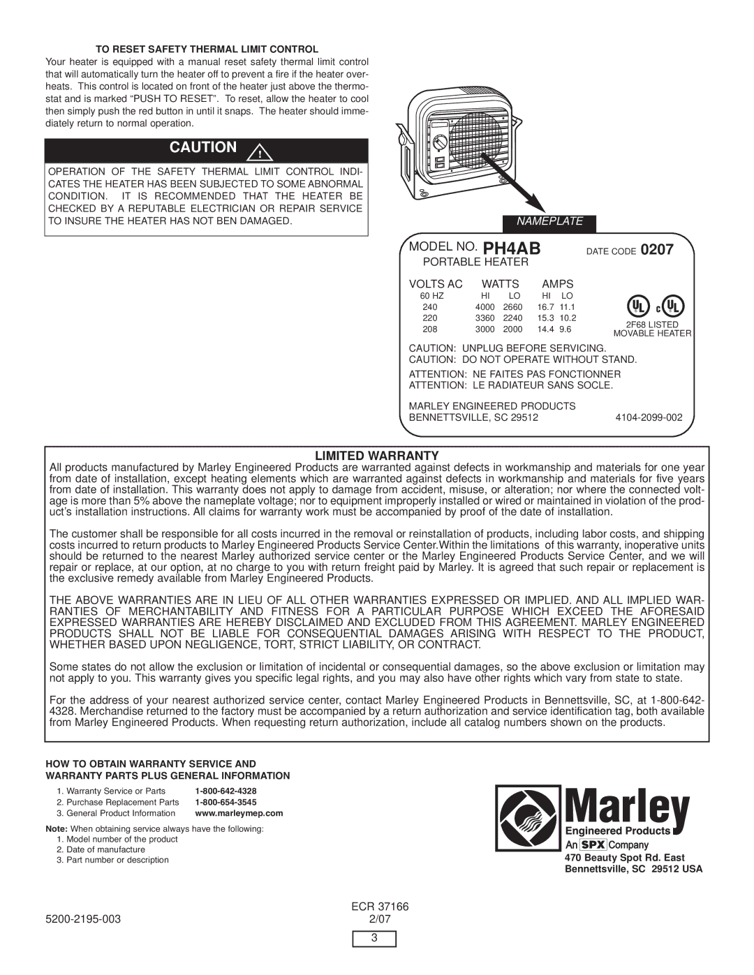 Marley Engineered Products PH4AB manual Li Mi, WA RR a NTY 