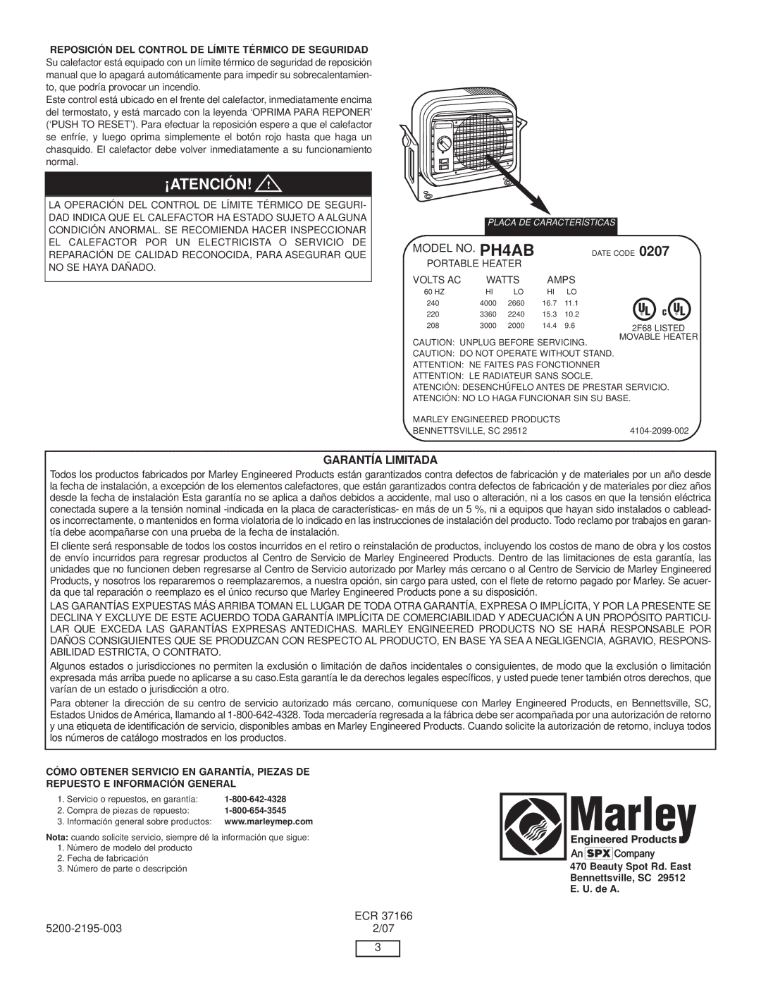 Marley Engineered Products PH4AB manual ¡Aten, GAR AN TÍA LI M ITA D a, Reposición DEL Control DE Límite Térmico, Repuesto 