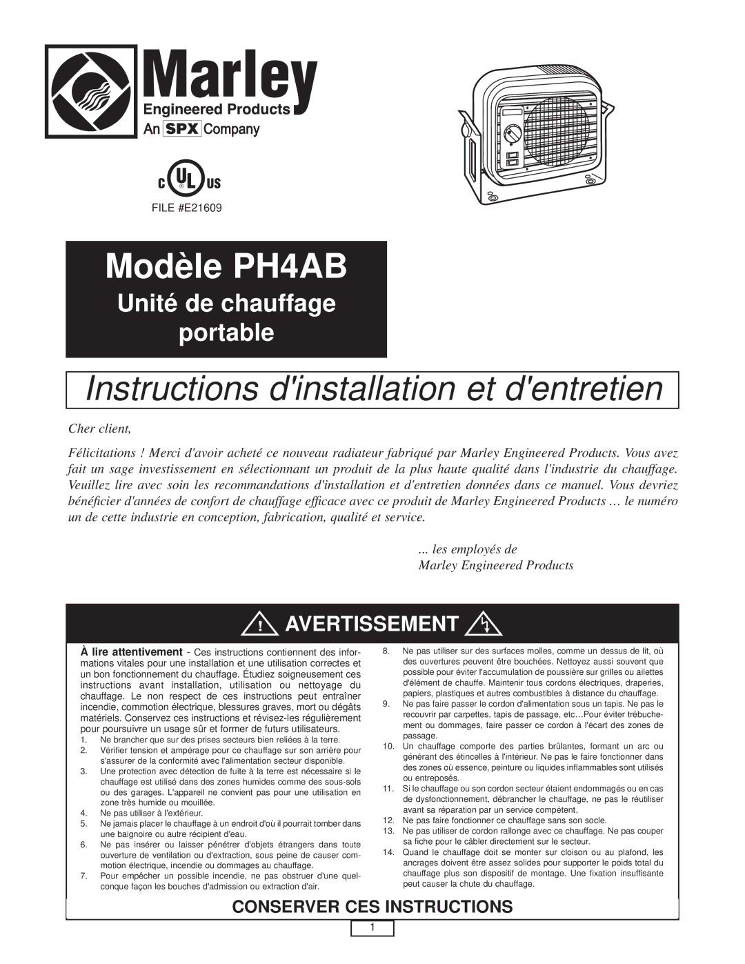 Marley Engineered Products PH4AB manual Modèle 