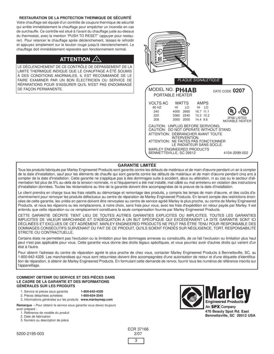 Marley Engineered Products PH4AB manual A Tt En, R An Tie L Imit Ée 