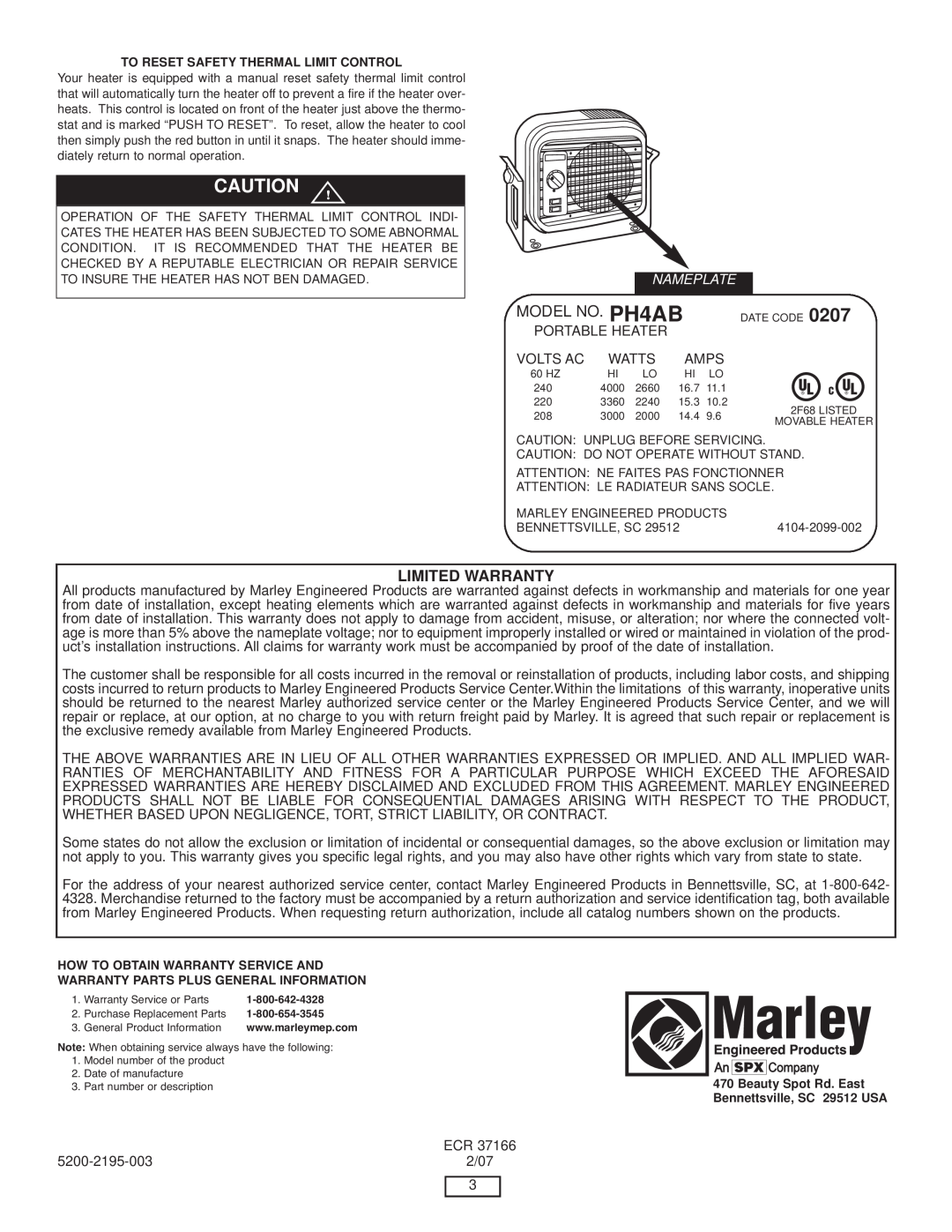 Marley Engineered Products PH4AB manual C Au Tio N, Li Mi, Wa Rr A Nty 