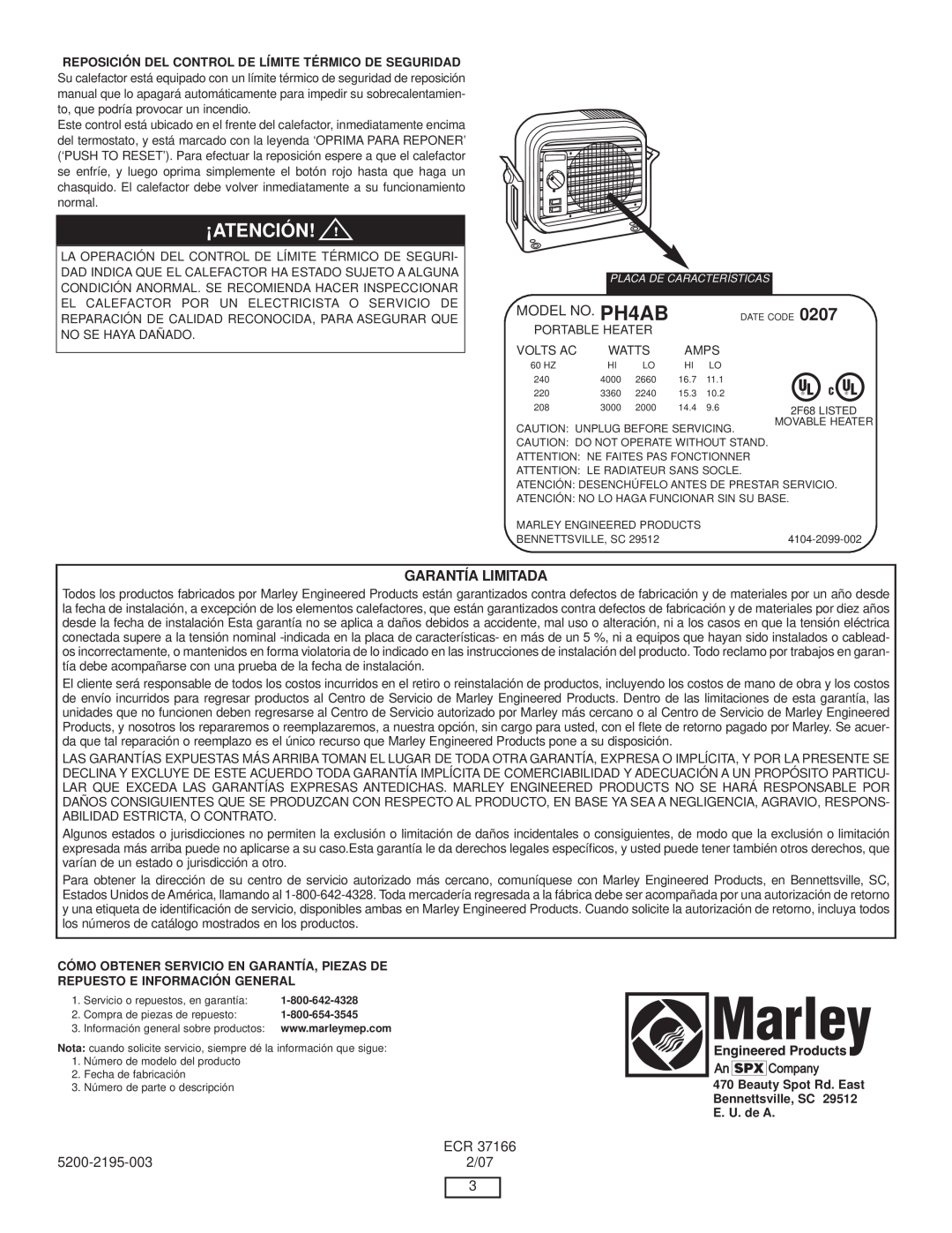 Marley Engineered Products PH4AB manual ¡Aten, Gar An Tía Li M Ita D A 