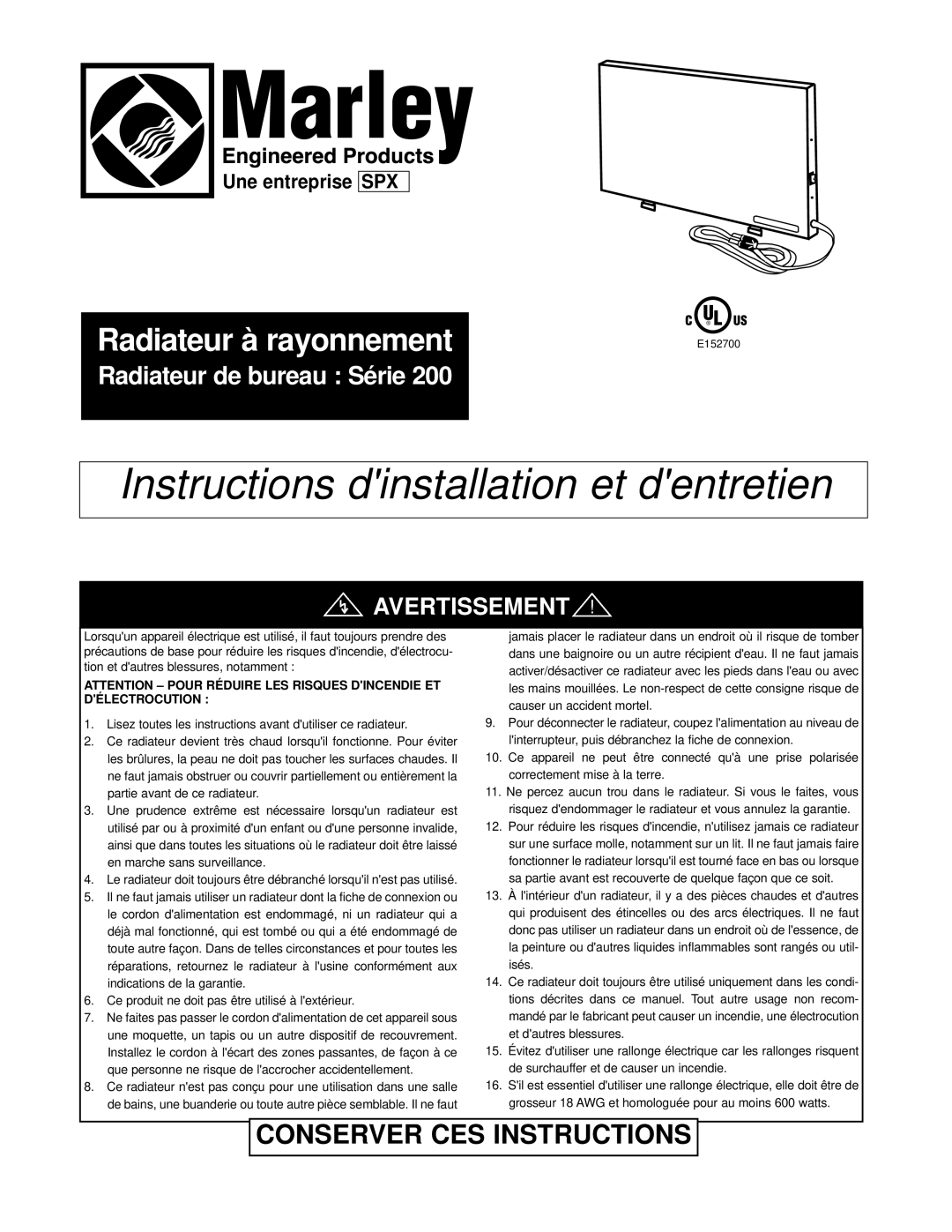 Marley Engineered Products Radiant Heater warranty Conserver CES Instructions, Avertissement 