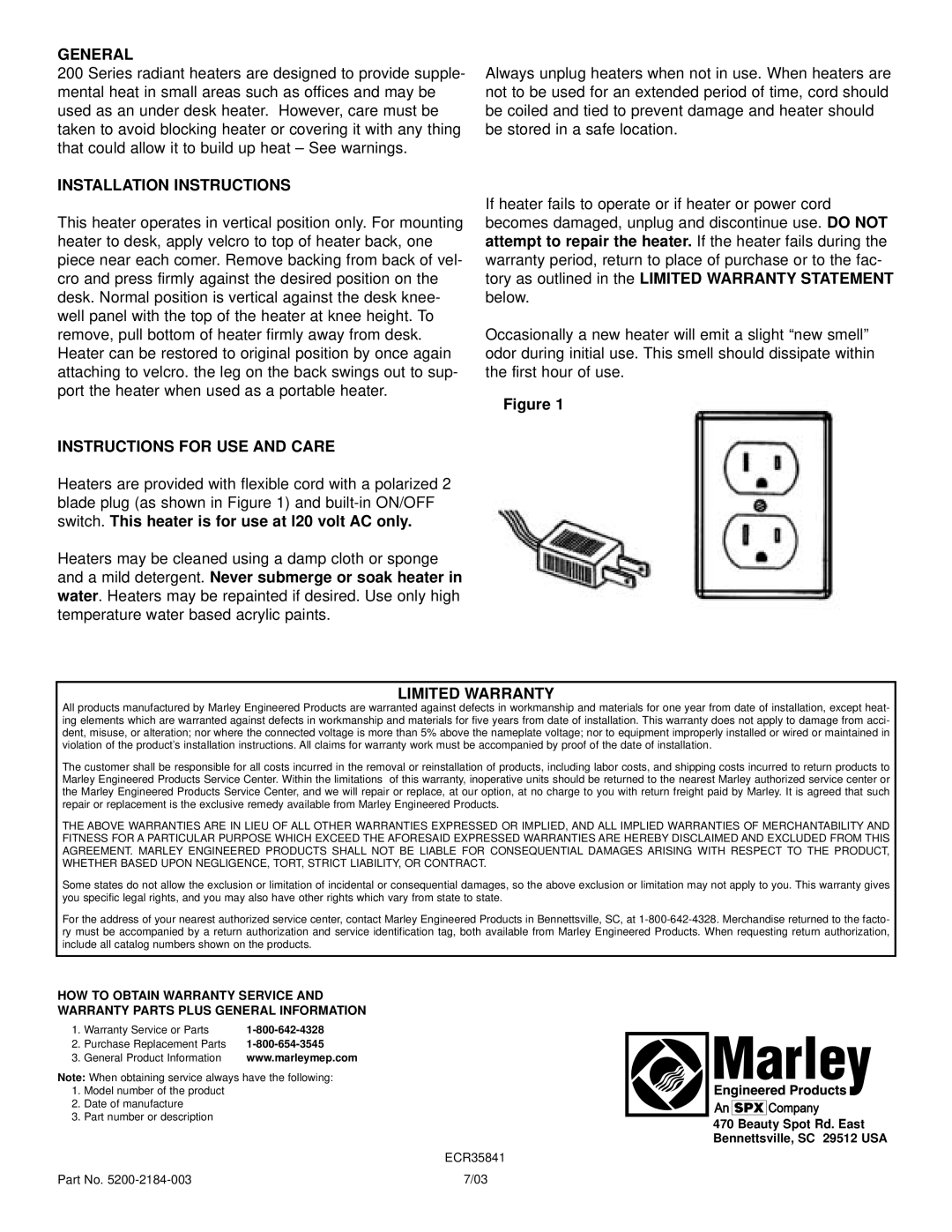 Marley Engineered Products Radiant Heater warranty General, Installation Instructions, Instructions For Use And Care 