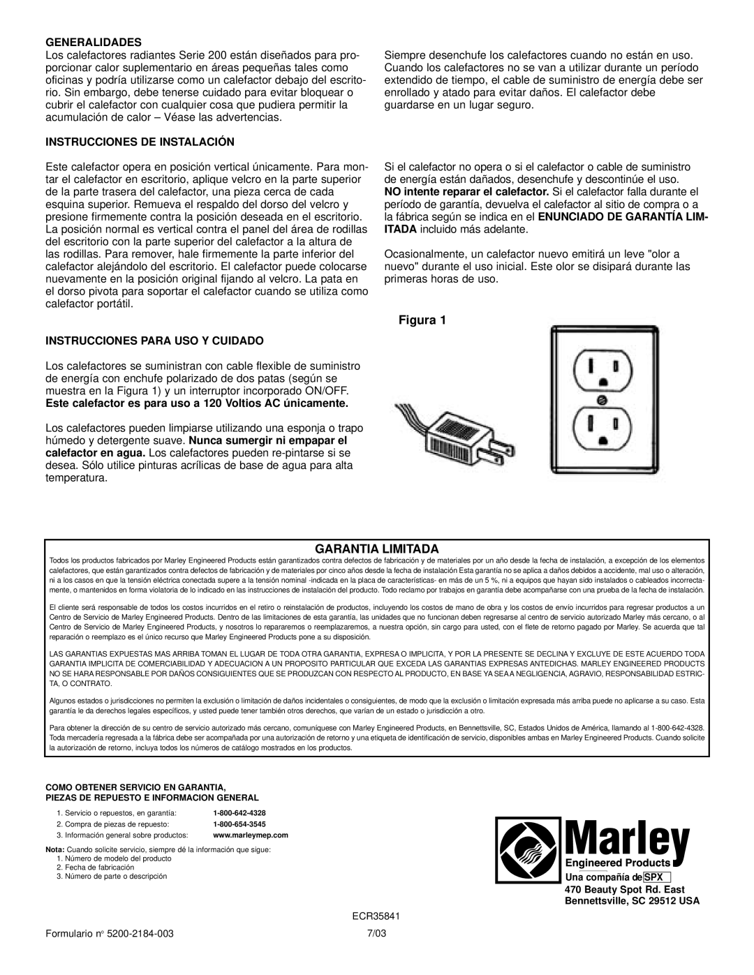 Marley Engineered Products Radiant Heater warranty Figura, Garantia Limitada, Generalidades, Instrucciones De Instalació N 