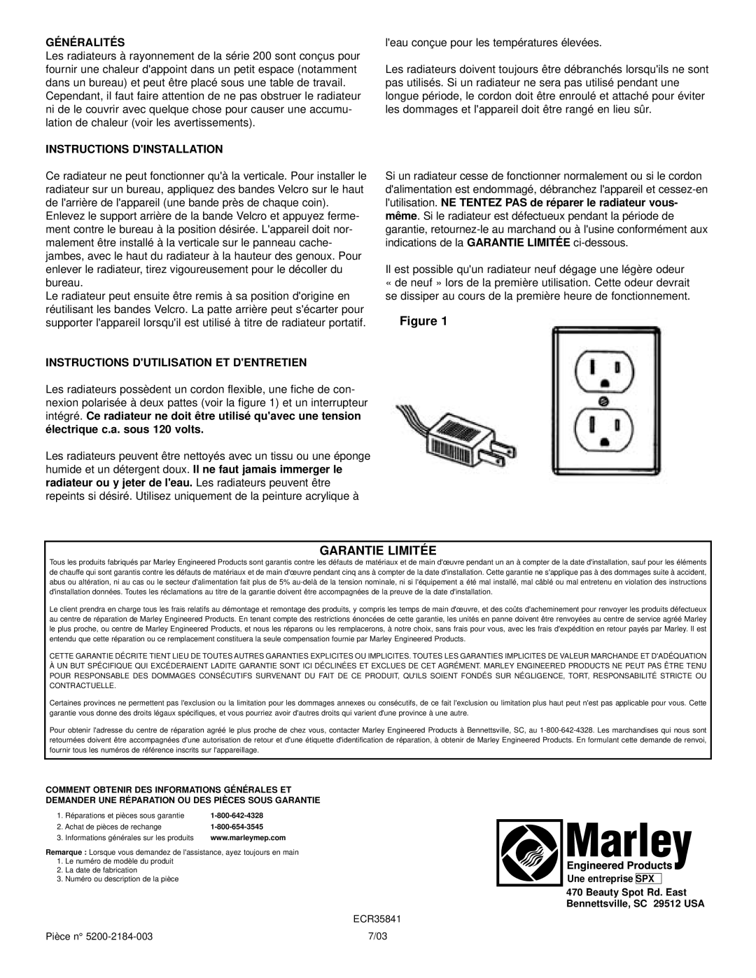 Marley Engineered Products Radiant Heater warranty Garantie Limité E, Gé Né Ralité S, Instructions Dinstallation 