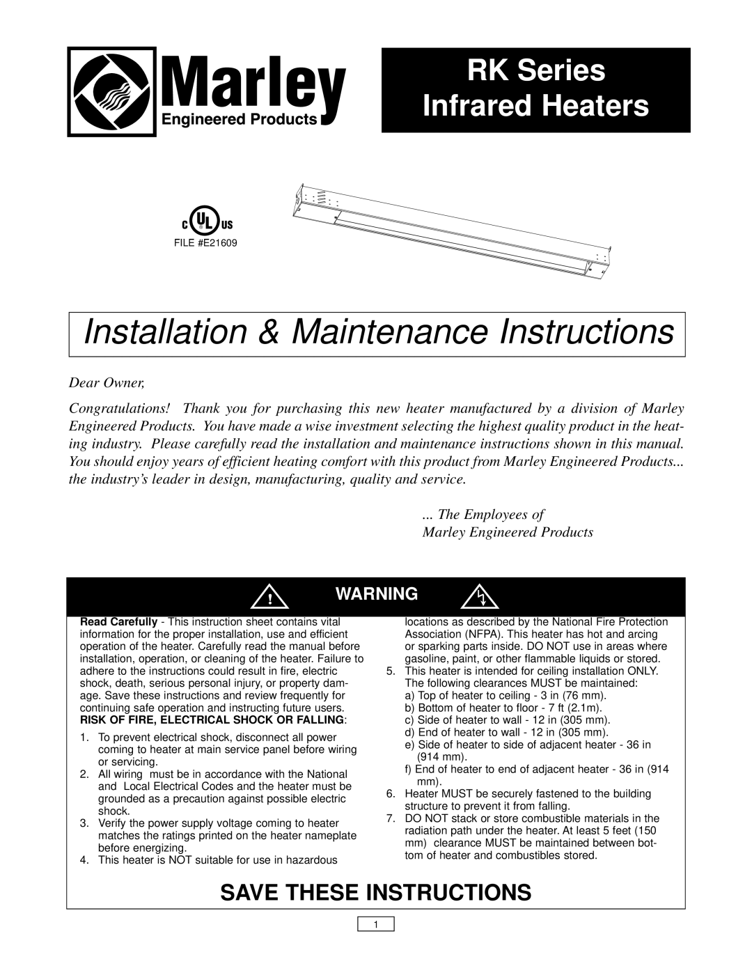 Marley Engineered Products RK Series instruction sheet Risk Of Fire, Electrical Shock Or Falling, Save These Instructions 
