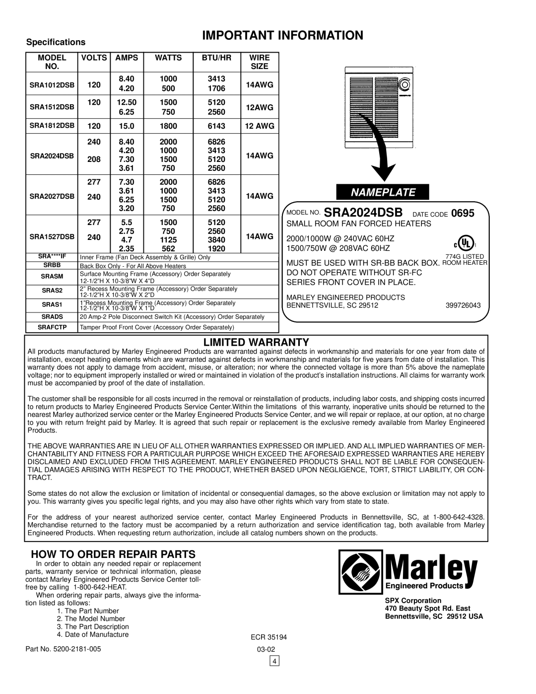 Marley Engineered Products SRA-DS SERIES MODEL B manual Model Volts Amps Watts BTU/HR Wire Size, 14AWG, 12AWG 