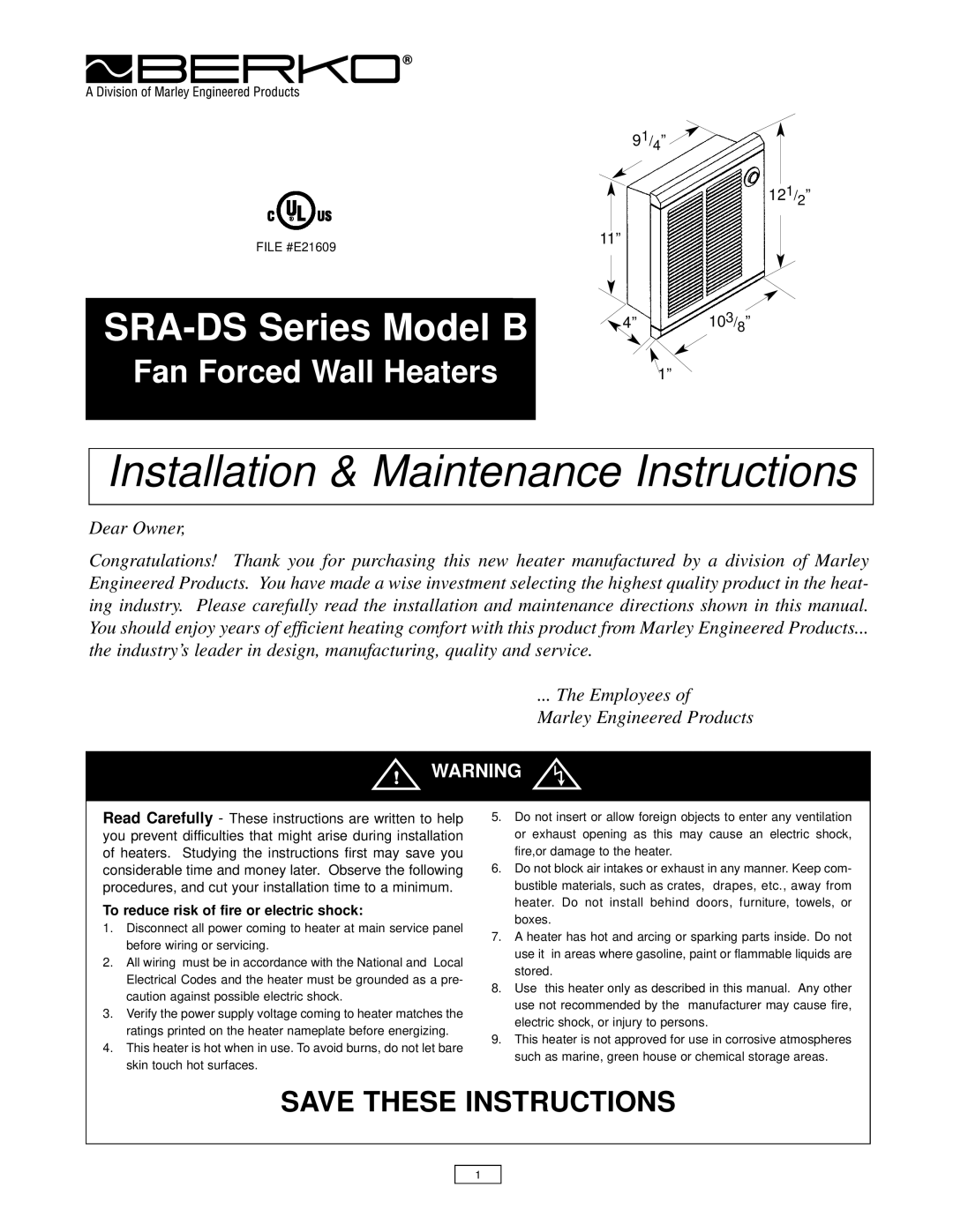 Marley Engineered Products SRA-DS SERIES MODEL B manual To reduce risk of fire or electric shock, SRA-DSSeries Model B 