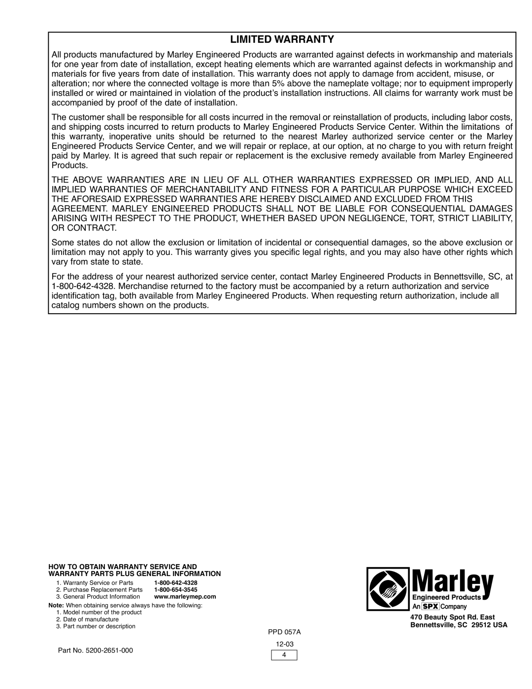 Marley Engineered Products WMGF480, WMGF240 instruction sheet Limited Warranty, How To Obtain Warranty Service And 
