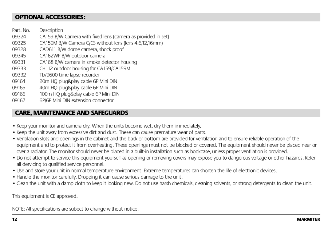 Marmitek 1082002 owner manual Optional Accessories, CARE, Maintenance and Safeguards 