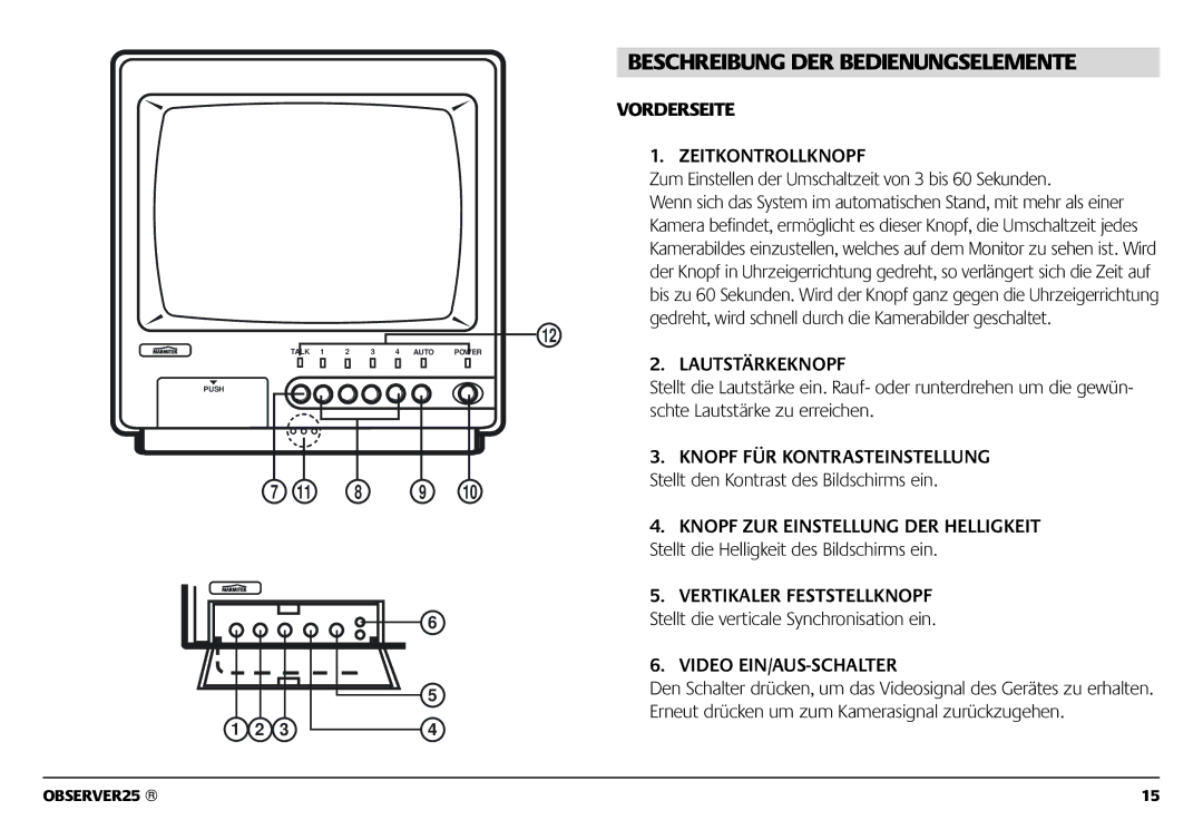 Marmitek 1082002 owner manual Beschreibung DER Bedienungselemente, Vorderseite Zeitkontrollknopf, Lautstärkeknopf 