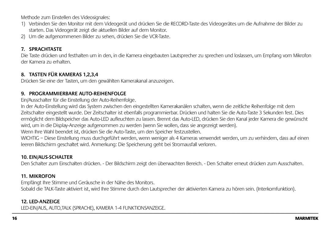 Marmitek 1082002 owner manual Sprachtaste, Tasten FÜR Kameras 1,2,3,4, Ein/Aus-Schalter, Mikrofon, Led-Anzeige 