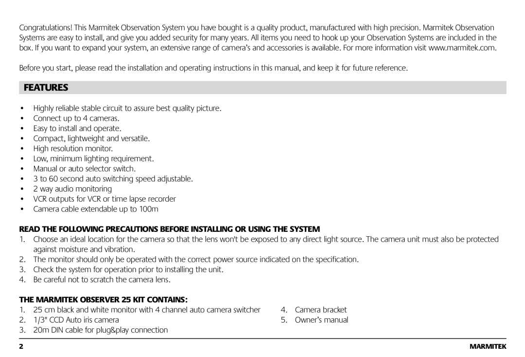 Marmitek 1082002 owner manual Features, Marmitek Observer 25 KIT Contains 