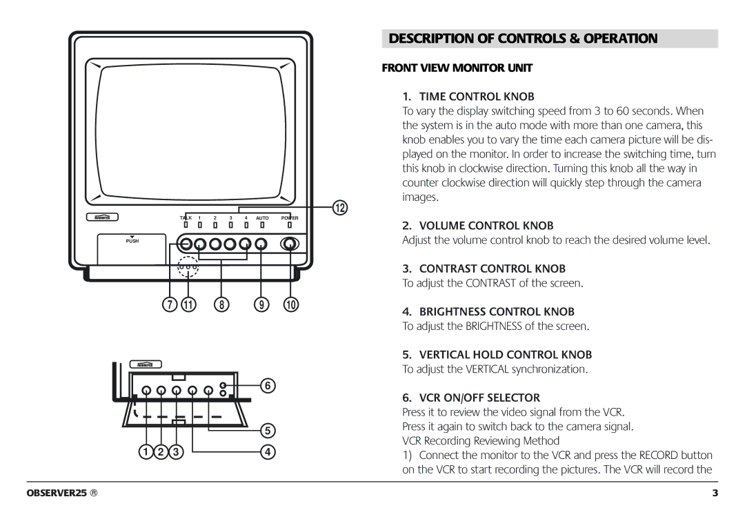 Marmitek 1082002 owner manual Description of Controls & Operation, Front View Monitor Unit 