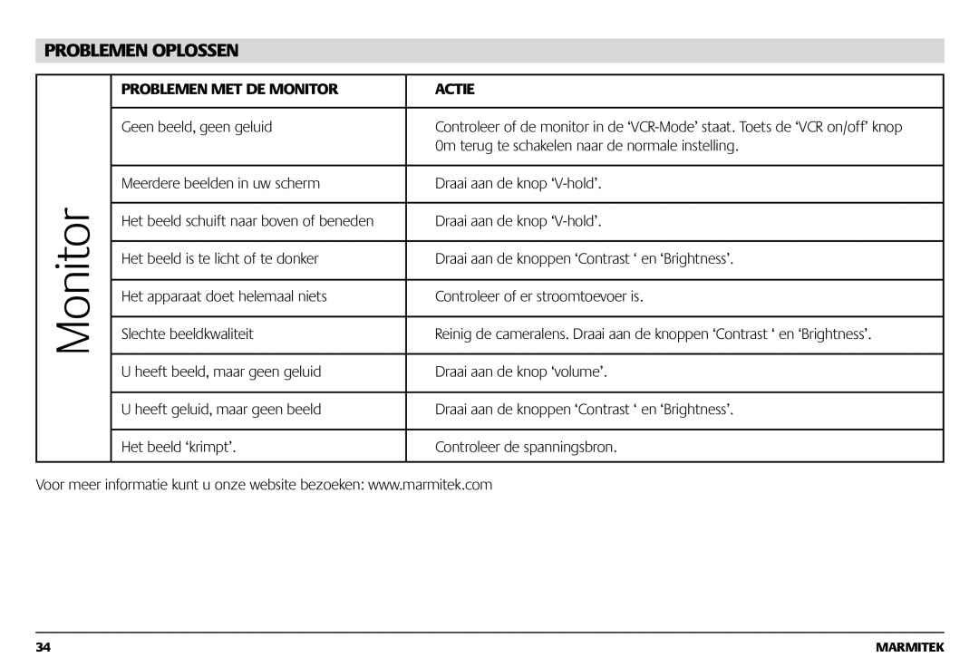 Marmitek 1082002 owner manual Problemen Oplossen, Problemen MET DE Monitor Actie 