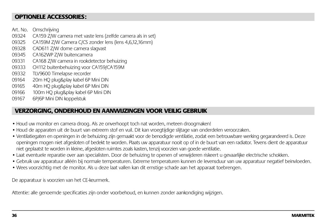 Marmitek 1082002 owner manual Optionele Accessories, VERZORGING, Onderhoud EN Aanwijzingen Voor Veilig Gebruik 