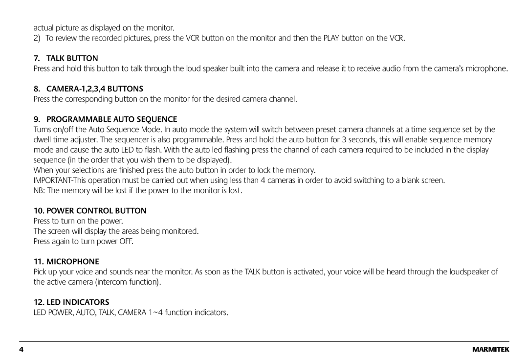 Marmitek 1082002 owner manual Talk Button, CAMERA-1,2,3,4 Buttons, Programmable Auto Sequence, Microphone, LED Indicators 