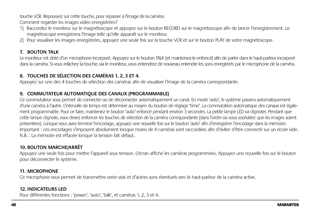 Marmitek 1082002 Bouton Talk, Touches DE Sélection DES Caméras 1, 2, 3 ET, Commutateur Automatique DES Canaux Programmable 