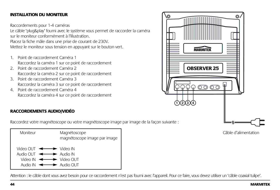 Marmitek 1082002 owner manual Installation DU Moniteur, Raccordements AUDIO/VIDÉO 